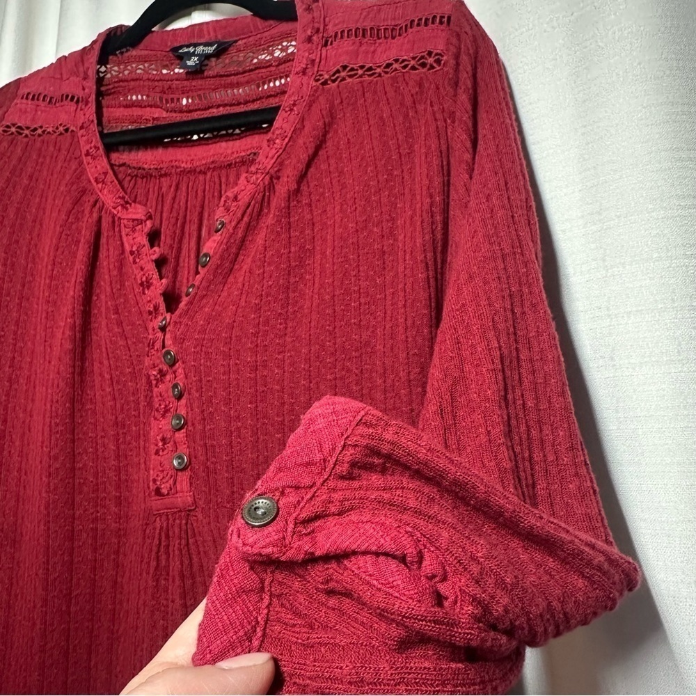 Lucky Brand Blouse Top Womens Plus 2X Boho Peasant Crochet Red Embroidered Linen - Picture 5 of 13